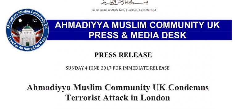 Ahmadiyya Muslim Community UK Condemns Terrorist attack in London